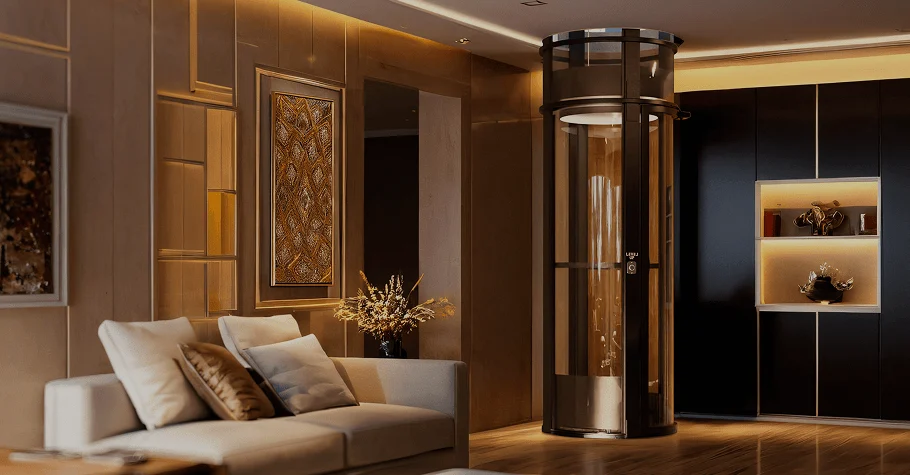 Cylindrical glass PVE home elevator in a luxury living room with elegant decor