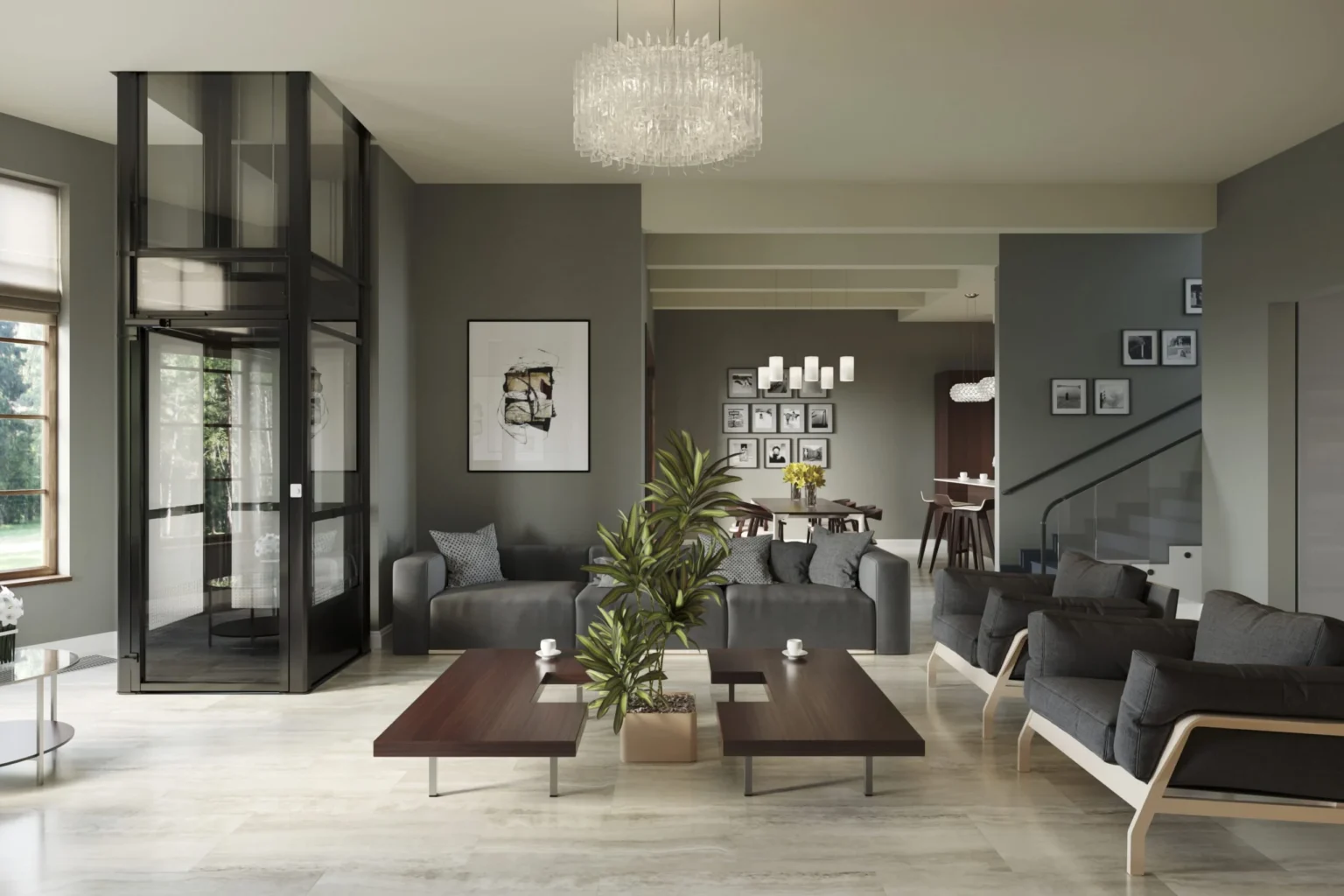 Black framed home elevator with glass tube in a modern open concept living room